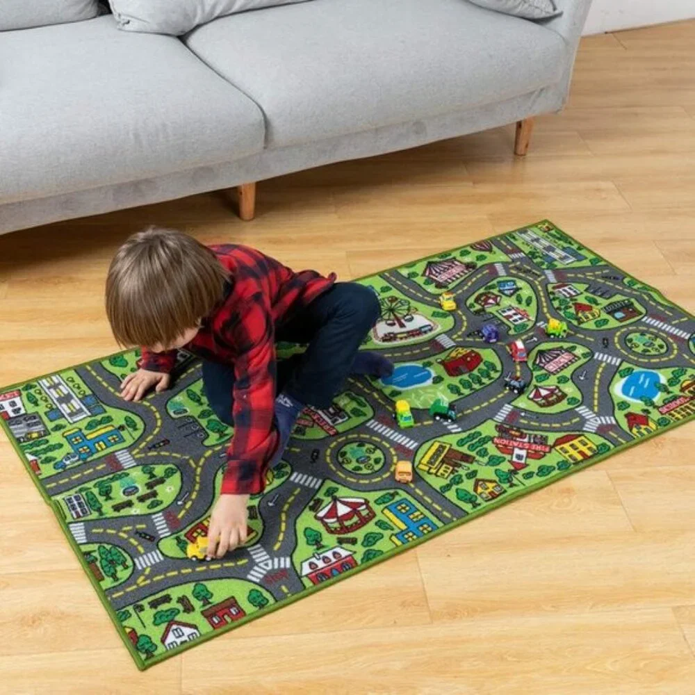 New Soft and Durable Non Slip Kids Play Rug 58.5 x 31 with 12 Pull-Back Vehicles